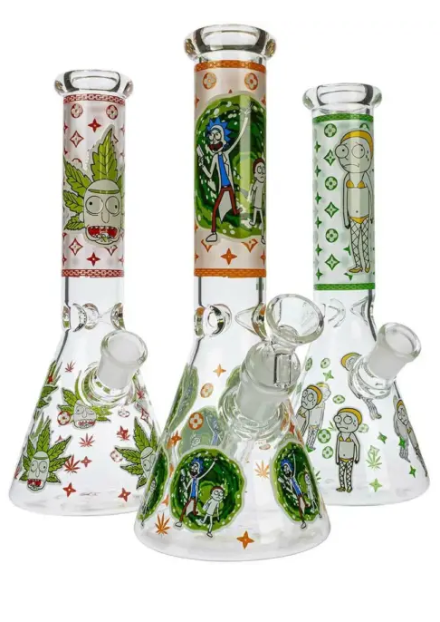 HILLSIDE GLASS 10″ GLOW RICK AND MORTY GRAPHIC BEAKER BONG, ASSORTED GRAPHICS